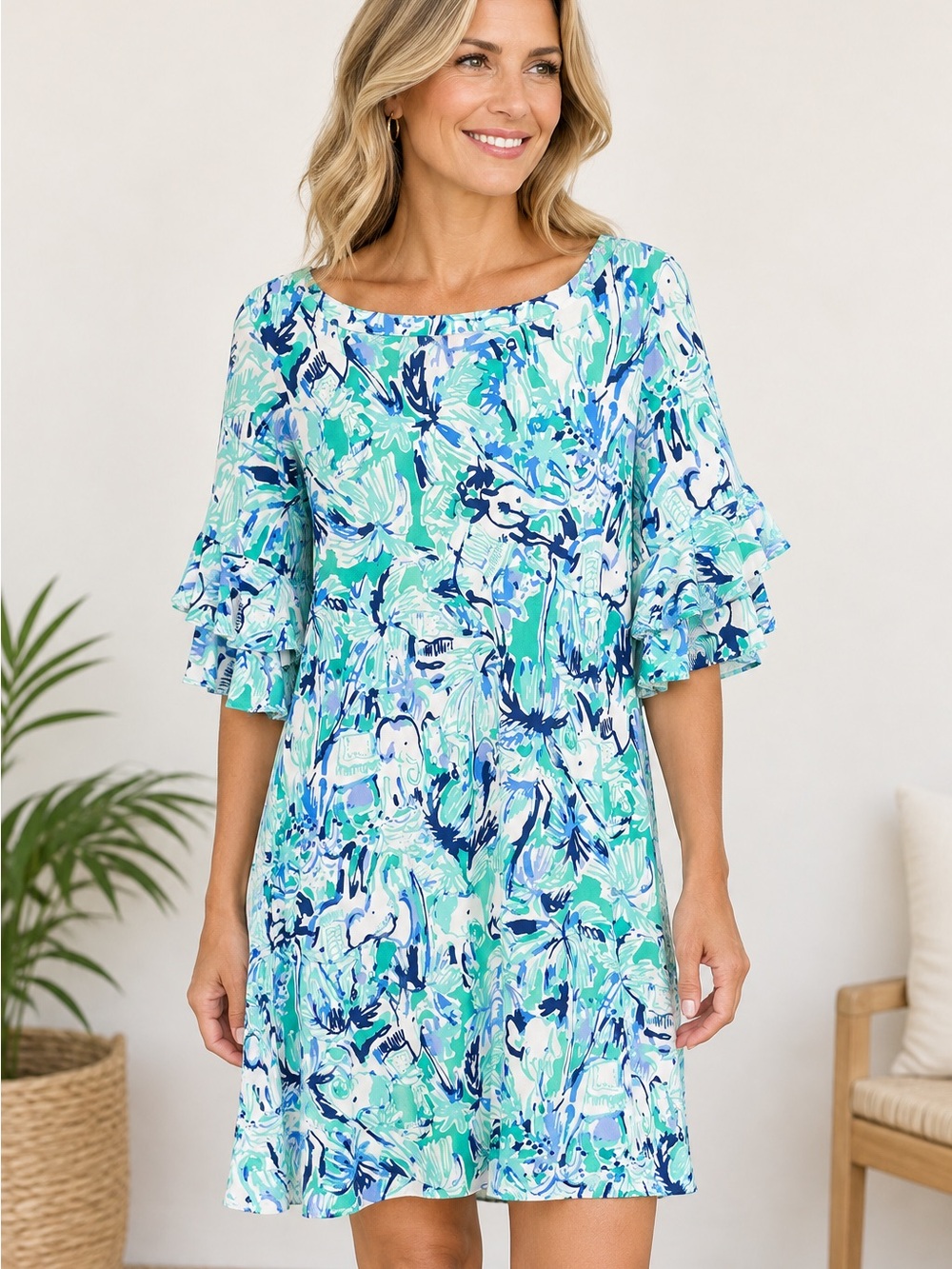 Lily Pulitzer Aqua Blue Lula Tropical Elephant Ruffle sleeve Dress size Large